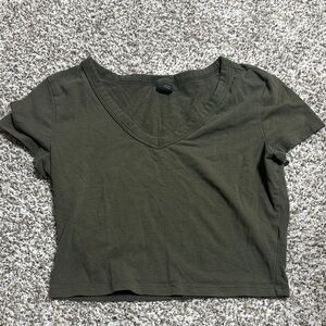 wild fable Olive V-Neck Short Sleeve Crop Top